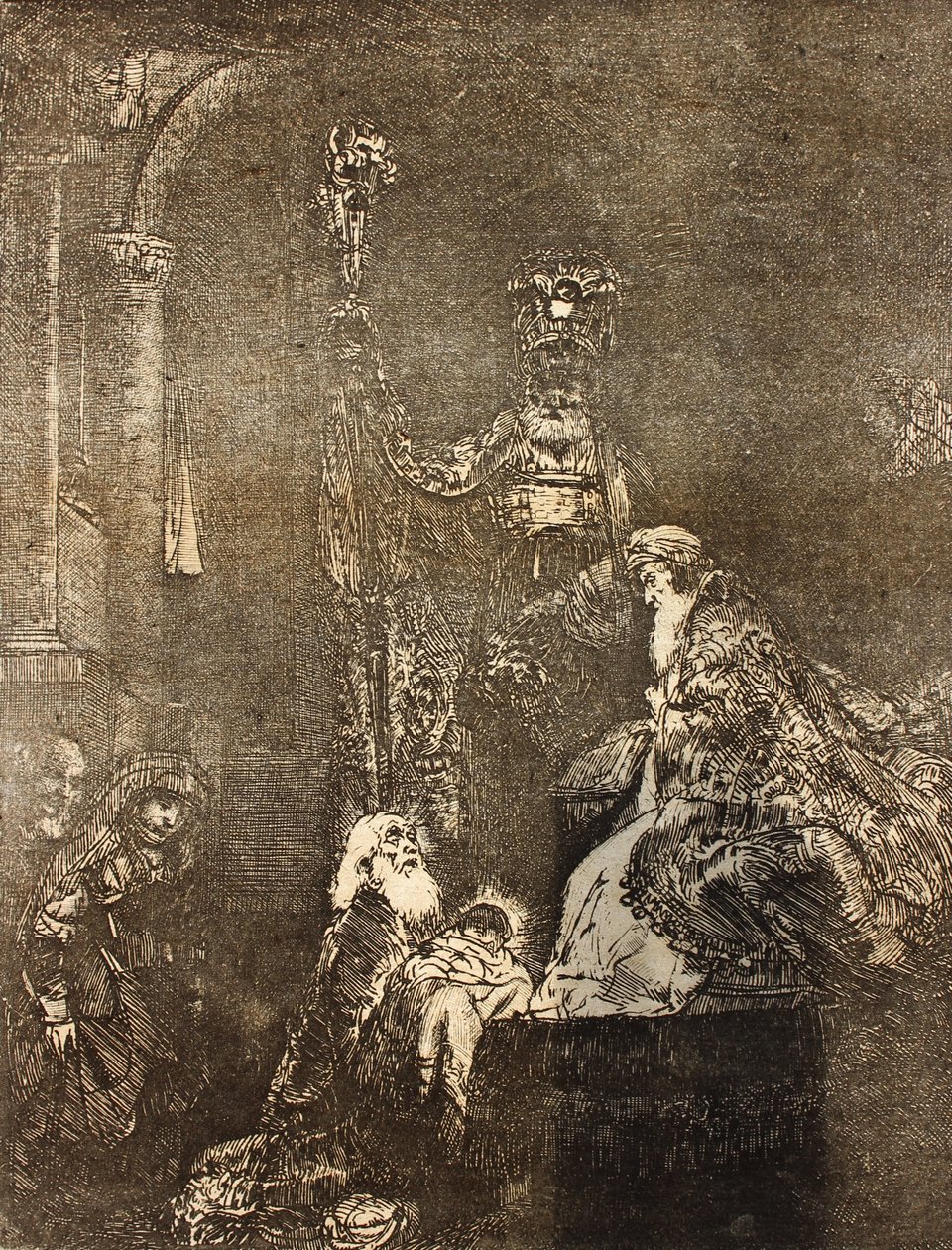 Presentasjonen i templet på en mørk måte av Rembrandt van Rijn