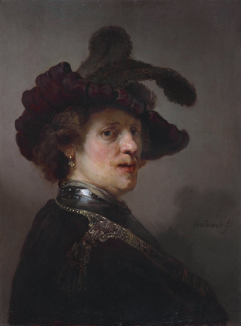 Tronie av en mann med en fjæret basker av Rembrandt van Rijn
