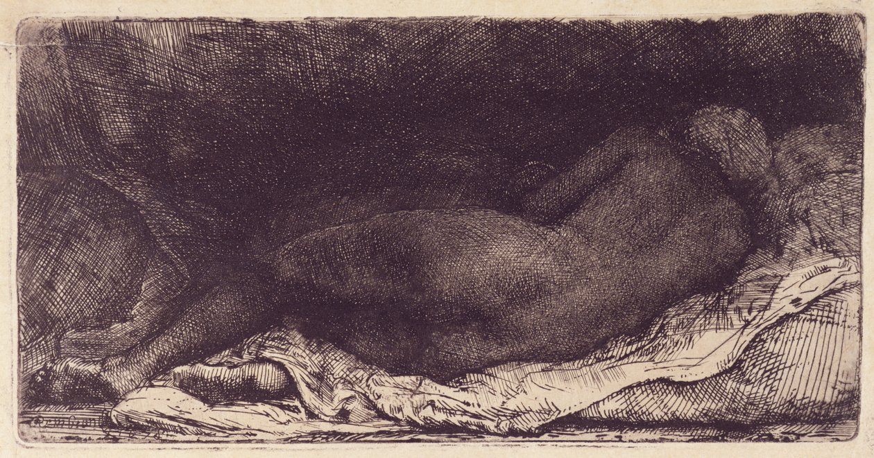 Kvinne som ligger på en seng, 1658 (etsing, tørrpunkt og graving med overflatetone) av Rembrandt van Rijn