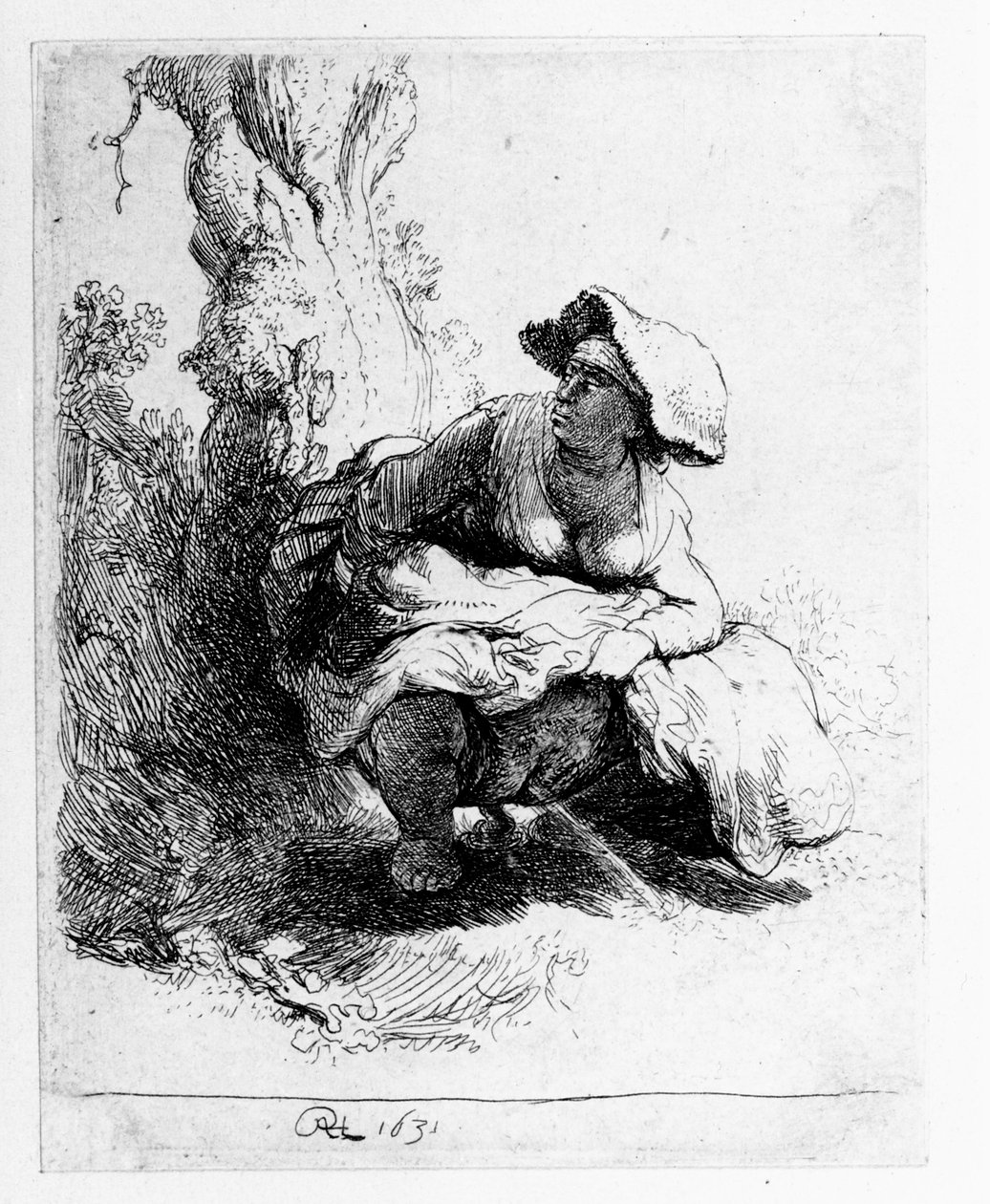 Kvinne som urinerer under et tre, 1631 av Rembrandt van Rijn
