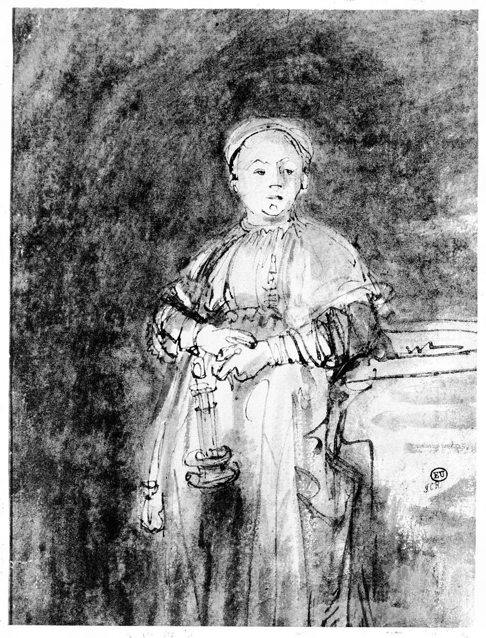 Kvinne med et lys, ca. 1631 (penn, blekk og vask på papir) av Rembrandt van Rijn