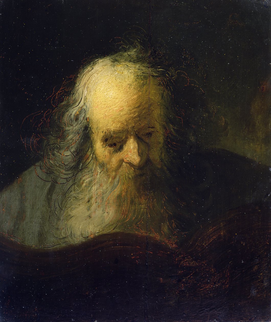 En gammel mann som leser en bok (olje på lerret) av Rembrandt Harmensz. van Rijn (circle of)