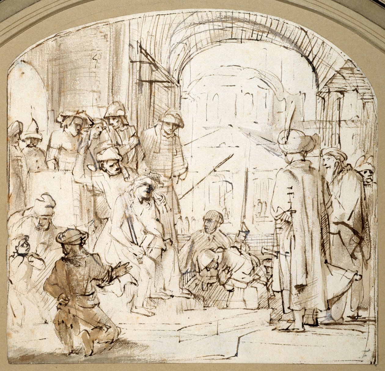 Christ Mocked (penn og blekk med vask på papir) av Rembrandt Harmensz. van Rijn (school of)