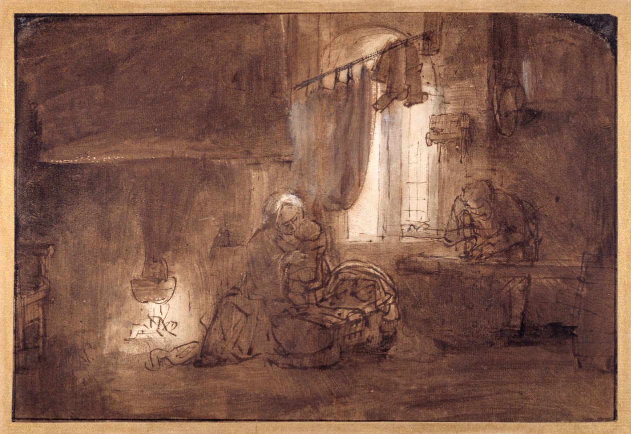 Den hellige familie i snekkerbutikken (penn og blekk med vask på papir) av Rembrandt Harmensz. van Rijn (school of)