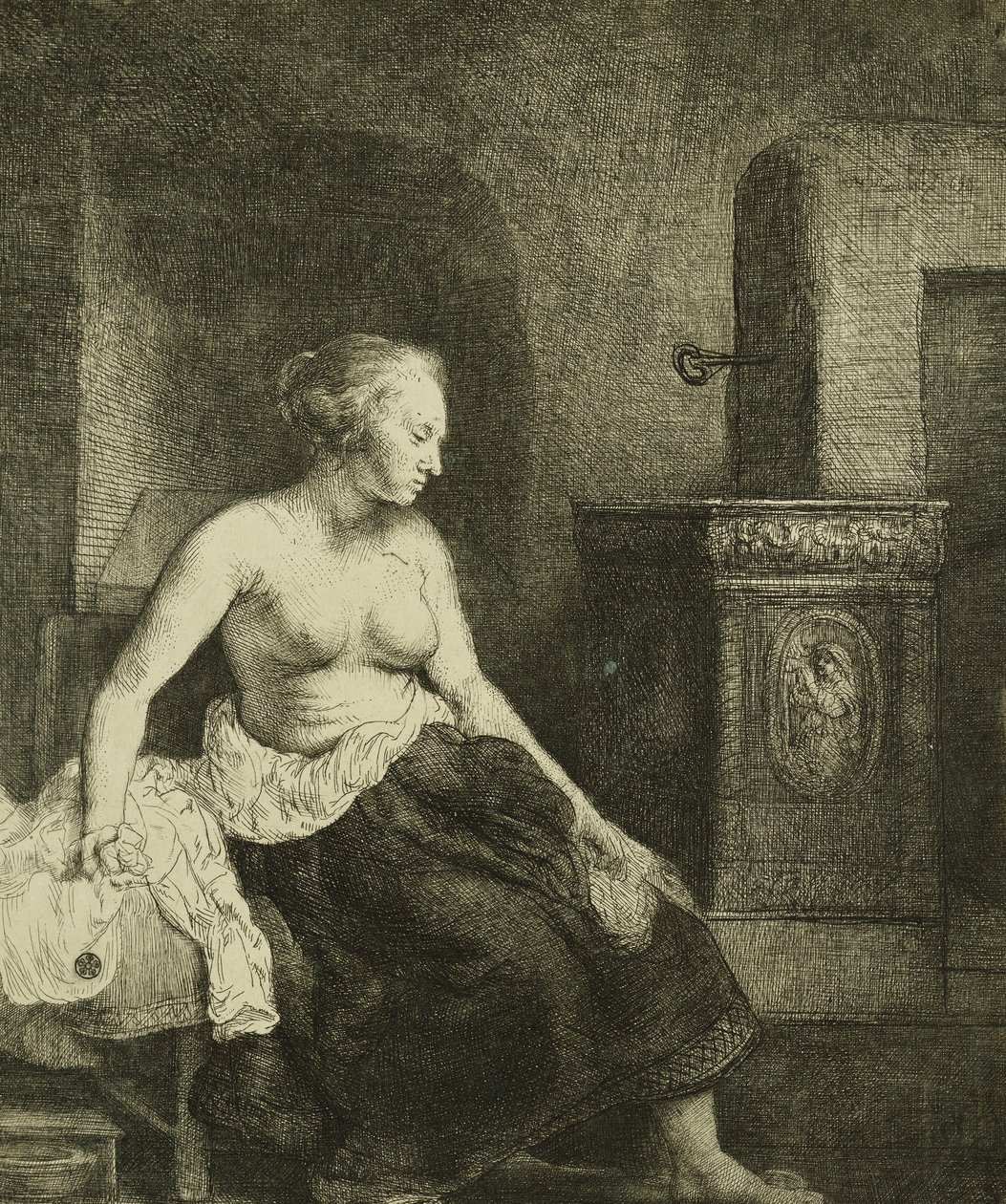 En kvinne som sitter halvkledd ved siden av en komfyr, 1658 av Rembrandt van Rijn