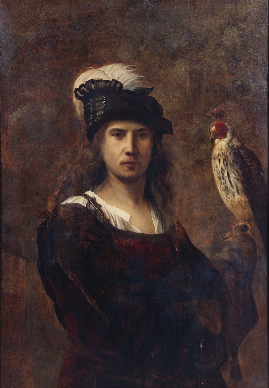 Falkoner med falk og fjærhatt av Rembrandt van Rijn