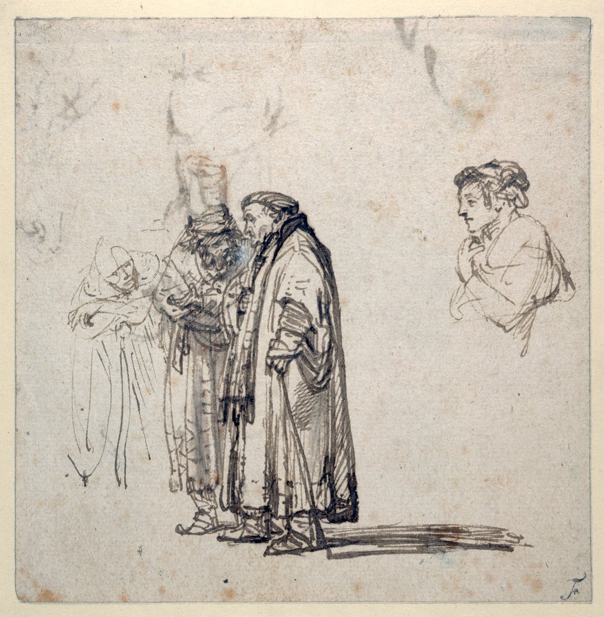 En gruppe eldre lærde og, hver for seg, en yngre manns profil (penn og brunt blekk med vask og gouache på papir) av Rembrandt Harmensz. van Rijn