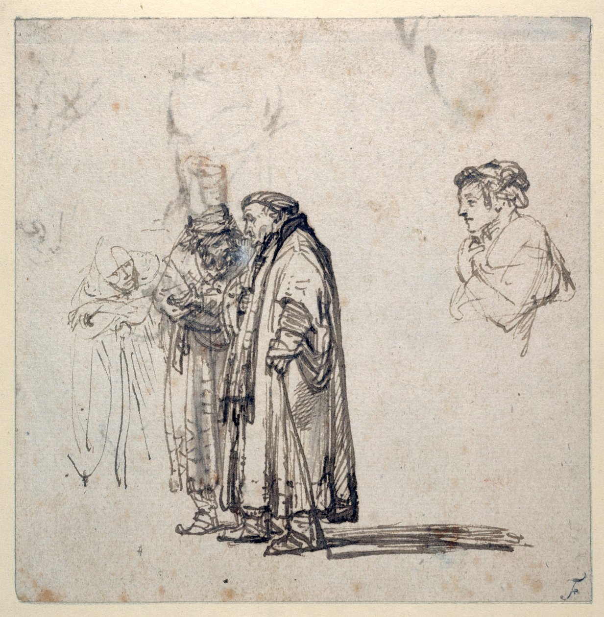 En gruppe eldre lærde og, hver for seg, en yngre manns profil (penn og blekk på papir) (recto of 2636120) av Rembrandt Harmensz. van Rijn