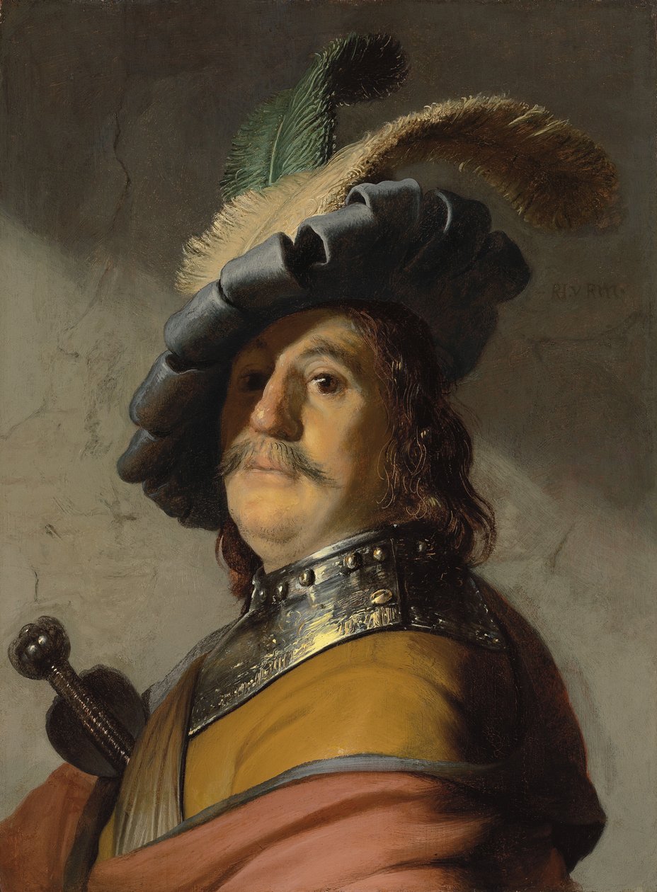 En mann i en kløft og hette (olje på panel) av Rembrandt van Rijn
