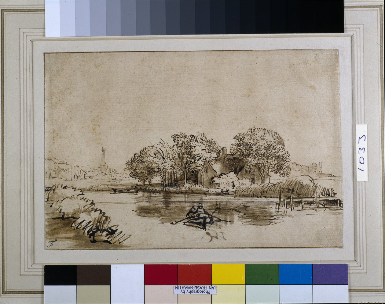 En mann som ruller en båt på Bullewijk, med utsikt mot Ouderkerk, ca. 1650 (penn og blekk med brun vask og hvit kroppsfarge på papir) av Rembrandt Harmensz. van Rijn