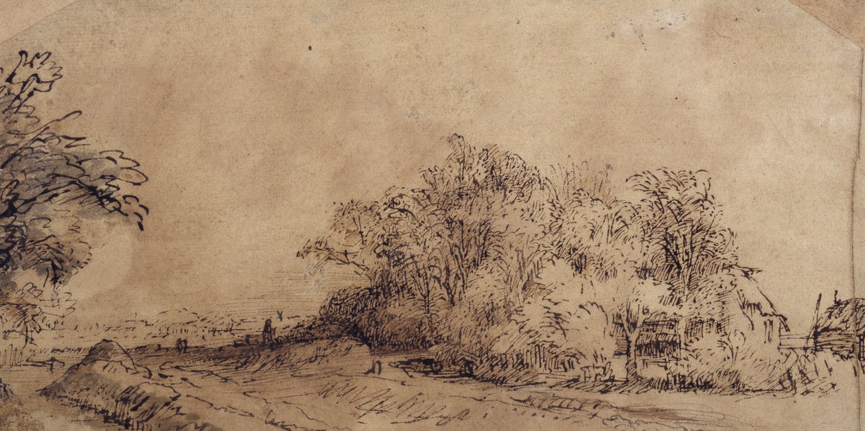En grov vei langs diket med trær som skjuler en gård (penn og blekk med vask på papir) av Rembrandt Harmensz. van Rijn