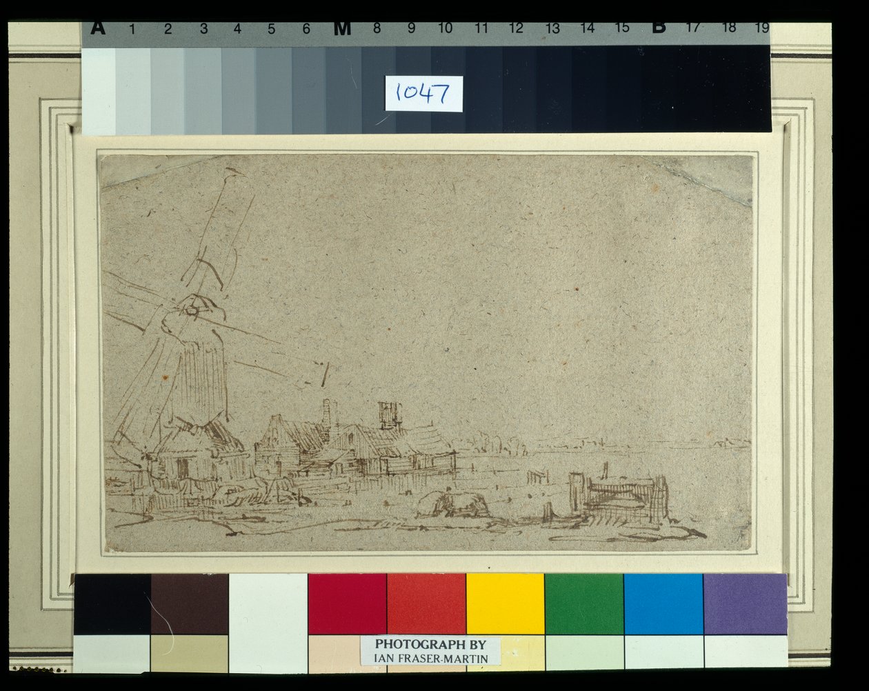 En vindmølle og en gruppe hus, ca. 1652-53 (rørpenn og blekk med vask på papir) av Rembrandt Harmensz. van Rijn