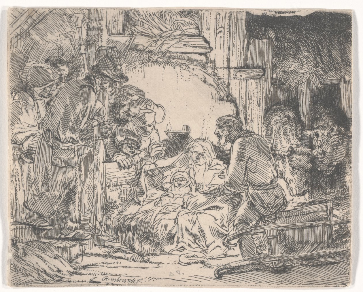Tilbedelse av hyrdene med en lampe, ca. 1654 (etsing) av Rembrandt van Rijn