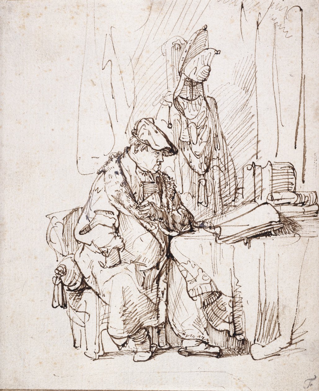 En skuespiller i garderoben hans (penn og brunt blekk på hvitt papir) av Rembrandt Harmensz. van Rijn