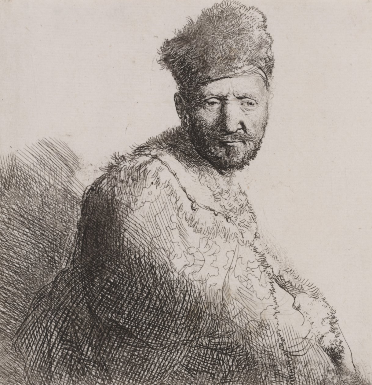 Skjeggete mann i orientalsk lue og kappe av Rembrandt van Rijn