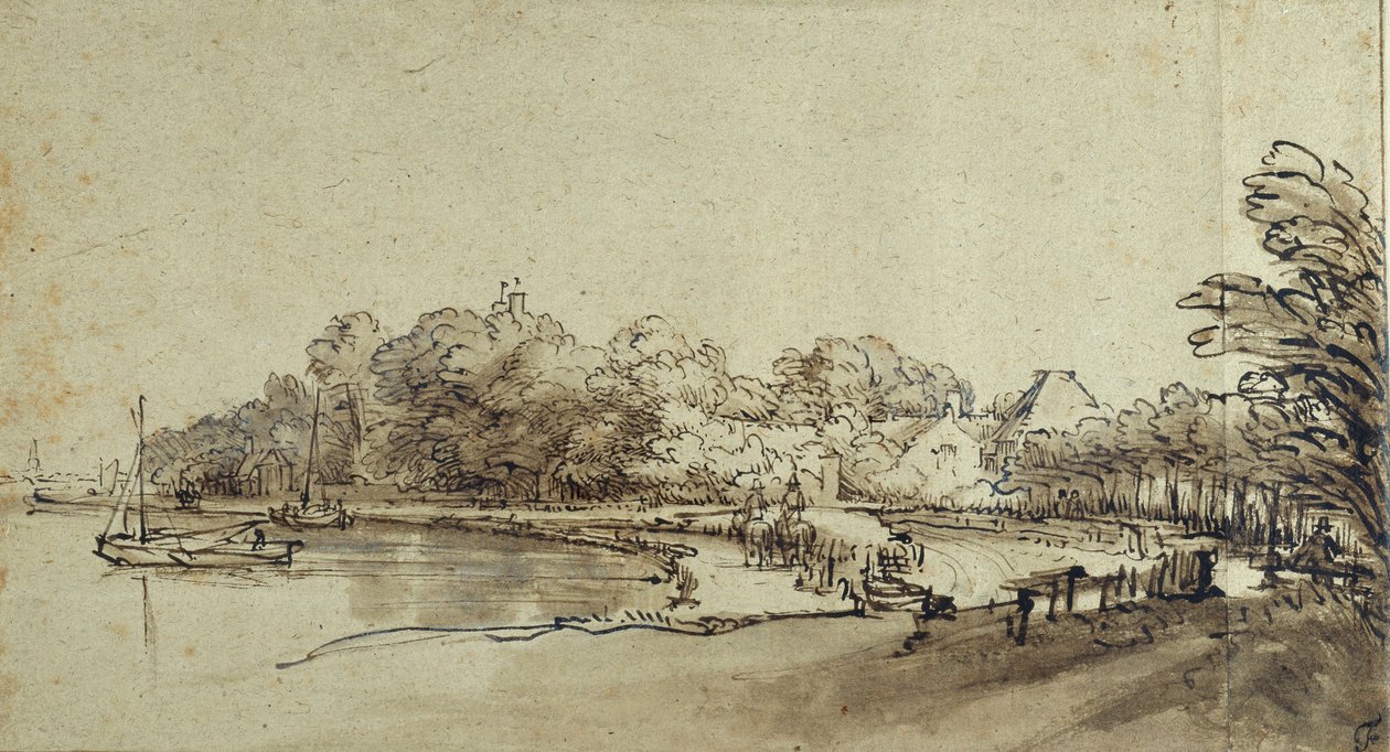 Bend in the Amstel nær Kostverloren House, tidlig på 1650-tallet (penn og blekk med vask og kroppsfarge på papir) av Rembrandt Harmensz. van Rijn