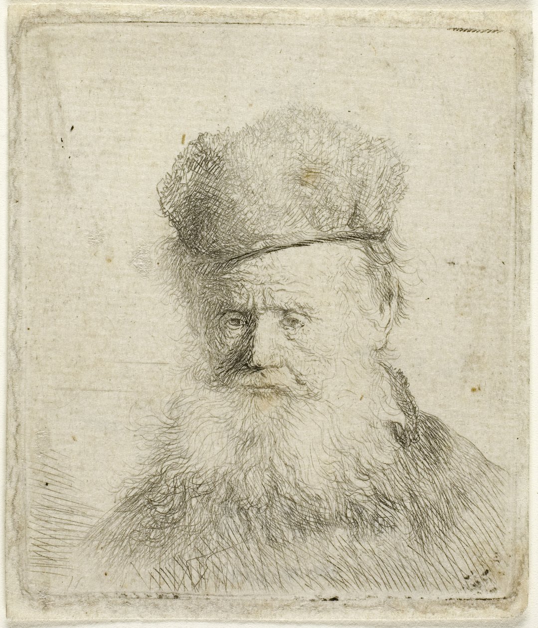 Byste av en gammel mann med en pelshatte og flytende skjegg, ca. 1631 (radering på papir) av Rembrandt Harmensz. van Rijn