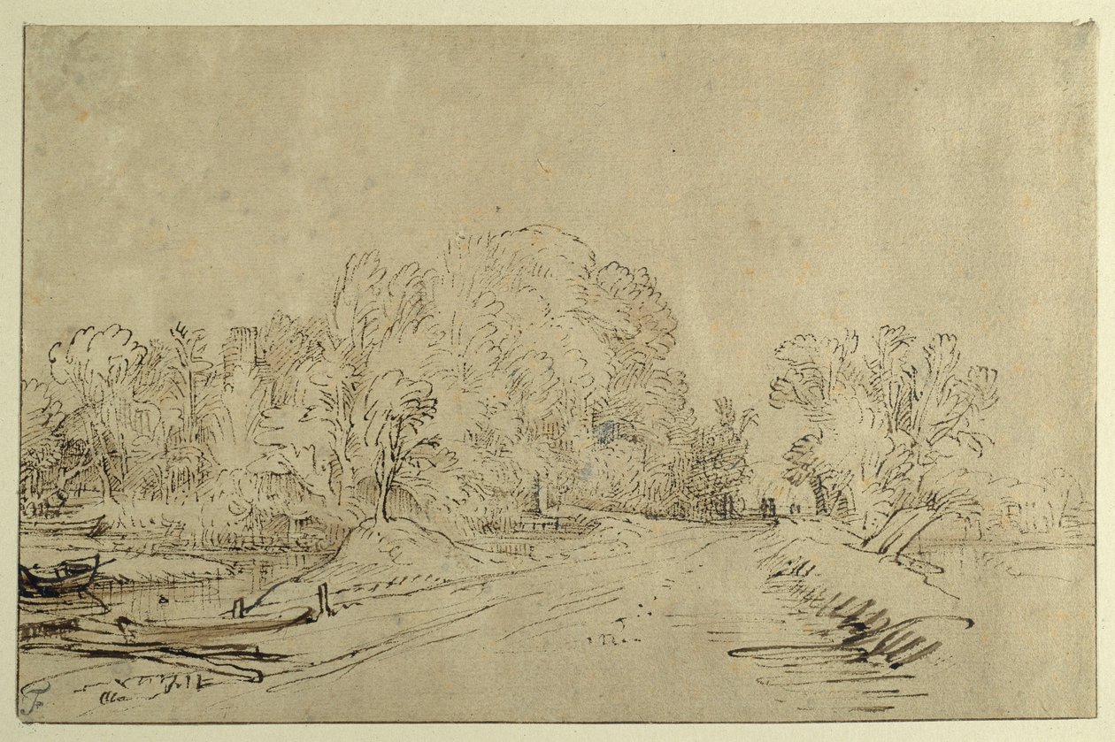 Kanal med båter, en dykvei og trær (rørpenn og blekk med vask på papir) av Rembrandt Harmensz. van Rijn