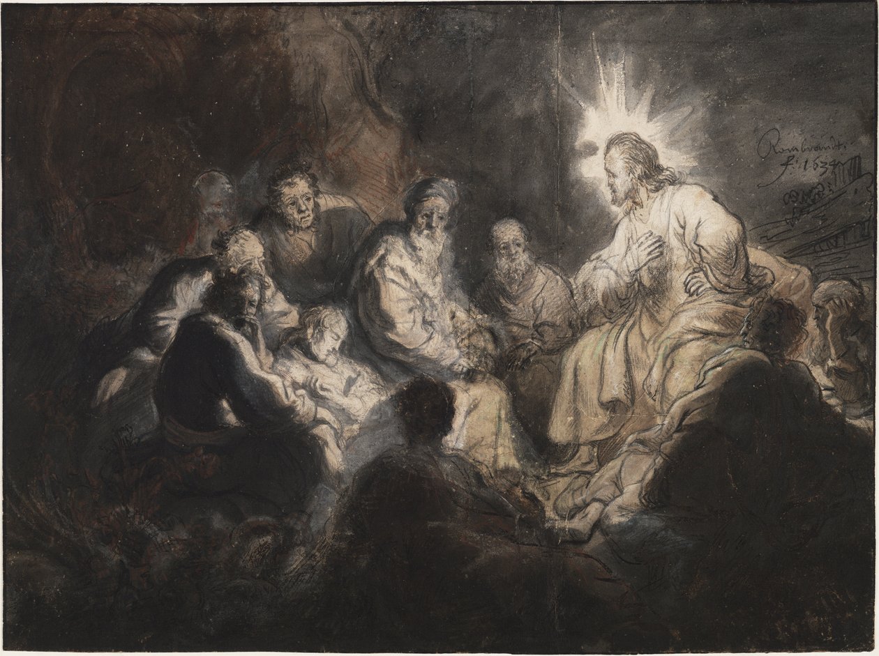Christ and His Disciples in the Garden of Gethsemane, by Rembrandt van Rhijn (1606-1669). Pen, brush, grey and brown colour, watercolour on paper, ca 1634. Dimension : 35,7x47,8 cm. Teylers Museum, Haarlem   1313541   no       norwegian Successfully Transl av Rembrandt Harmensz. van Rijn