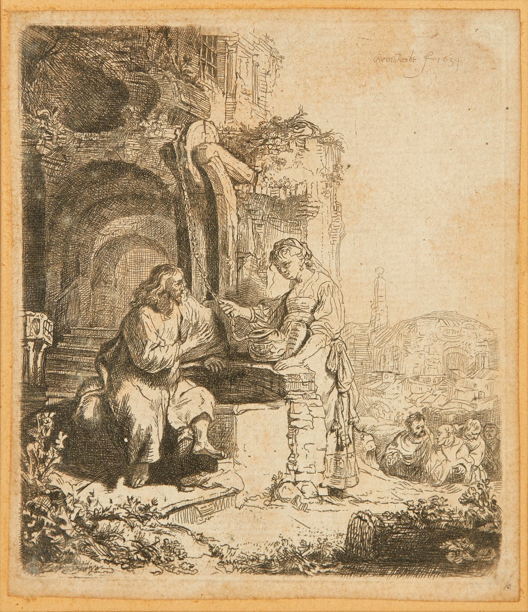 Kristus og kvinnen i Samaria, blant ruiner (radering) av Rembrandt Harmensz. van Rijn