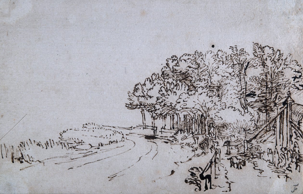 Copse på spissen av Amsteldijk nær Trompenburg, ca. 1649 (penn og blekk på papir) av Rembrandt Harmensz. van Rijn