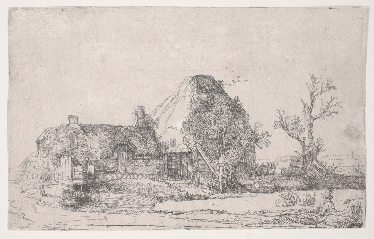 Hytte og gårdsbygninger med en mann som skisserer, ca. 1645 (etsing) av Rembrandt van Rijn