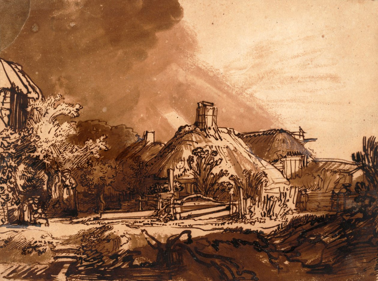 Hytter foran en stormfull himmel (penn og blekk) av Rembrandt van Rijn