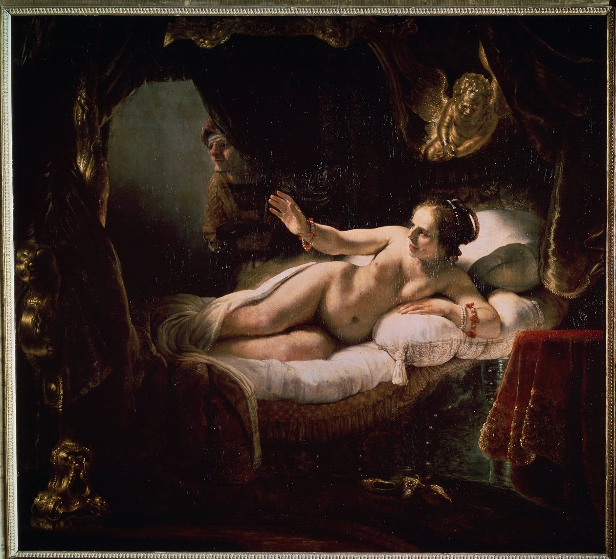 ""Danae"". Gresk mytologi: Zevs presenterer seg for Danae i form av en dusj av gullmynter for å forføre henne. Maleri av Harmenszoon van Rijn kjent som Rembrandt (1606-1669) av Rembrandt Harmensz. van Rijn