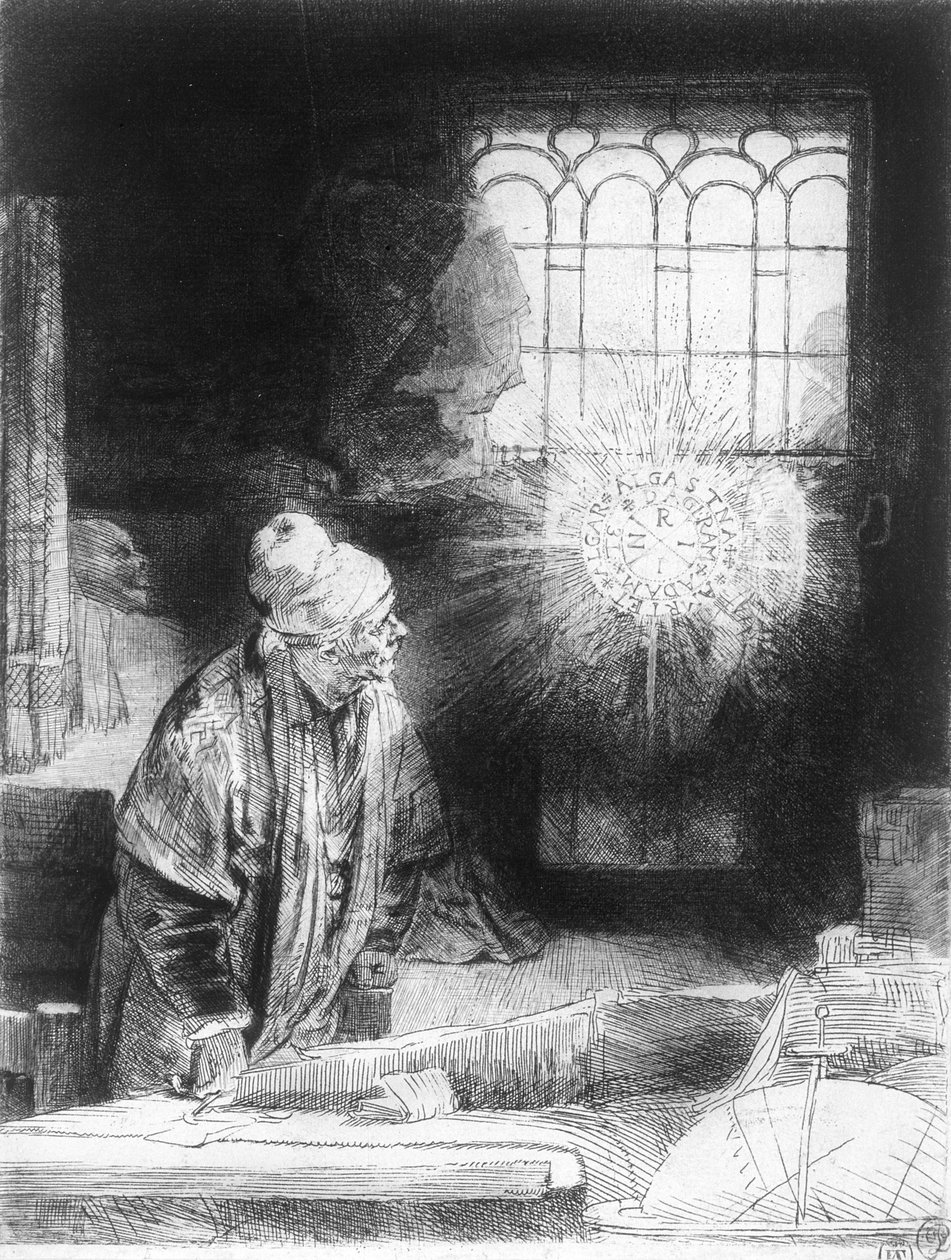 Dr Faustus i sin studie (gravering) av Rembrandt van Rijn