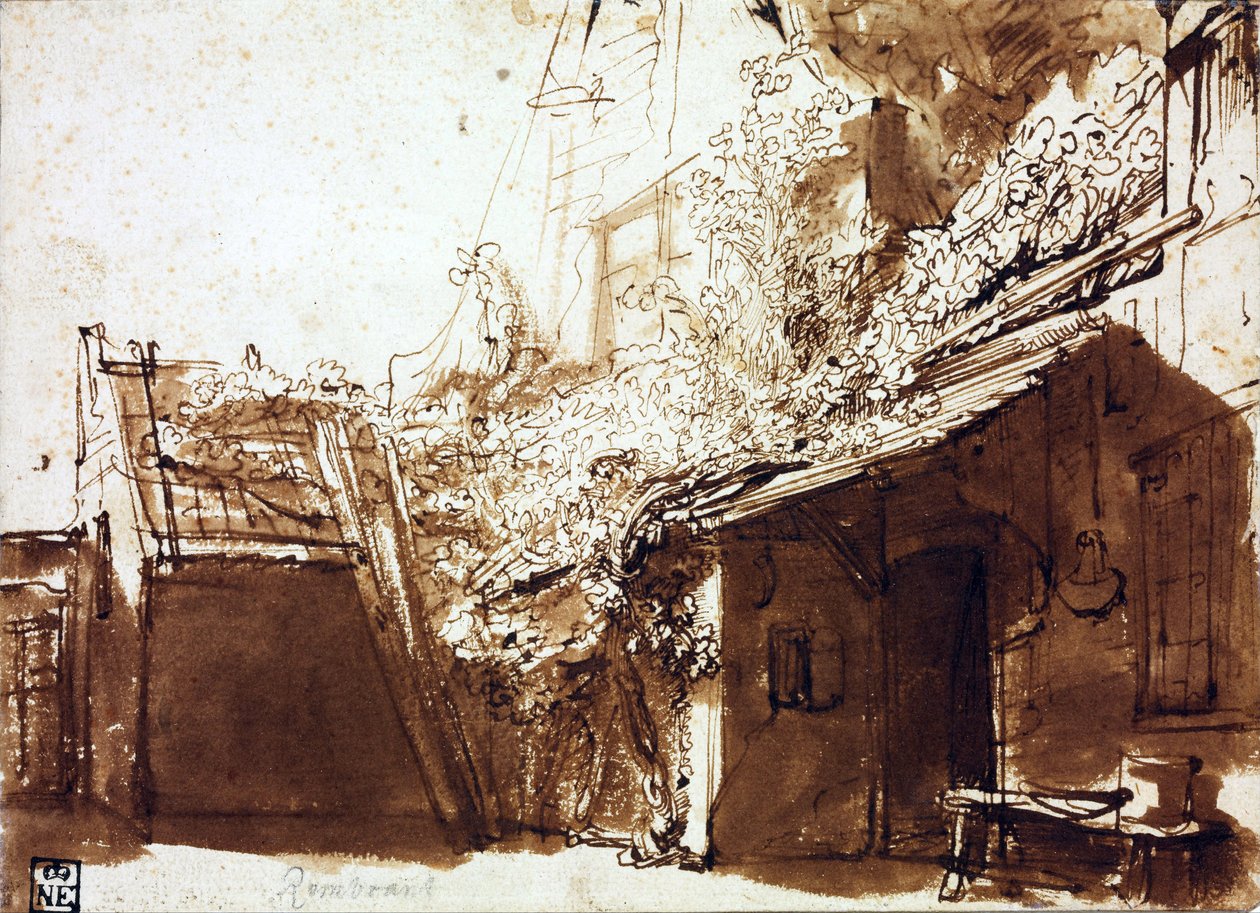 Farmhouse in Light and Shadow - Rembrandt van Rhijn (1606-1669) - 1635-1636 - Penn, pensel, brun farge på papir - 16,2x22,5 cm - Szepmuveszeti Muzeum, Budapest av Rembrandt Harmensz. van Rijn