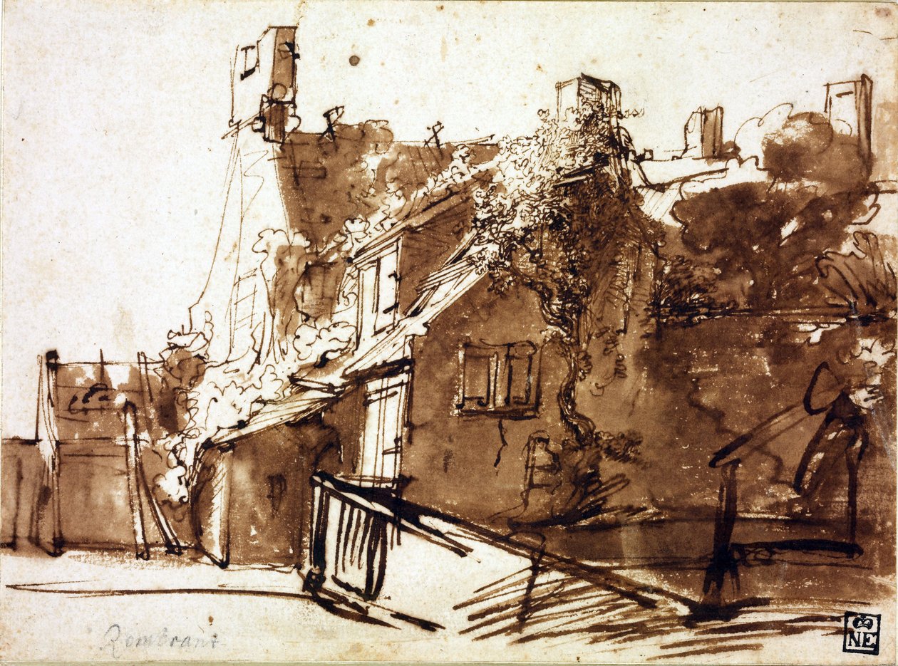 Farmhouse in Sunlight - Rembrandt van Rhijn (1606-1669) - 1635-1636 - Penn, pensel, brun farge på papir - 16,4x22,3 cm - Szepmuveszeti Muzeum, Budapest av Rembrandt Harmensz. van Rijn