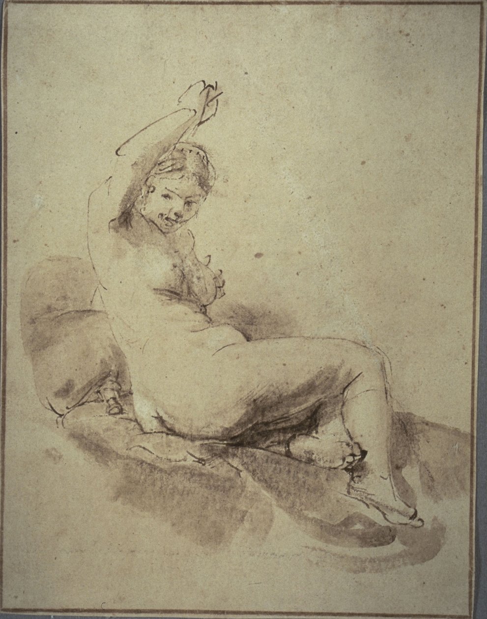 Kvinne naken tilbakelent med arm hevet, ca. 1665 (penn og brunt blekk og pensel og brun vask, på brunfarget papir) av Rembrandt Harmensz. van Rijn