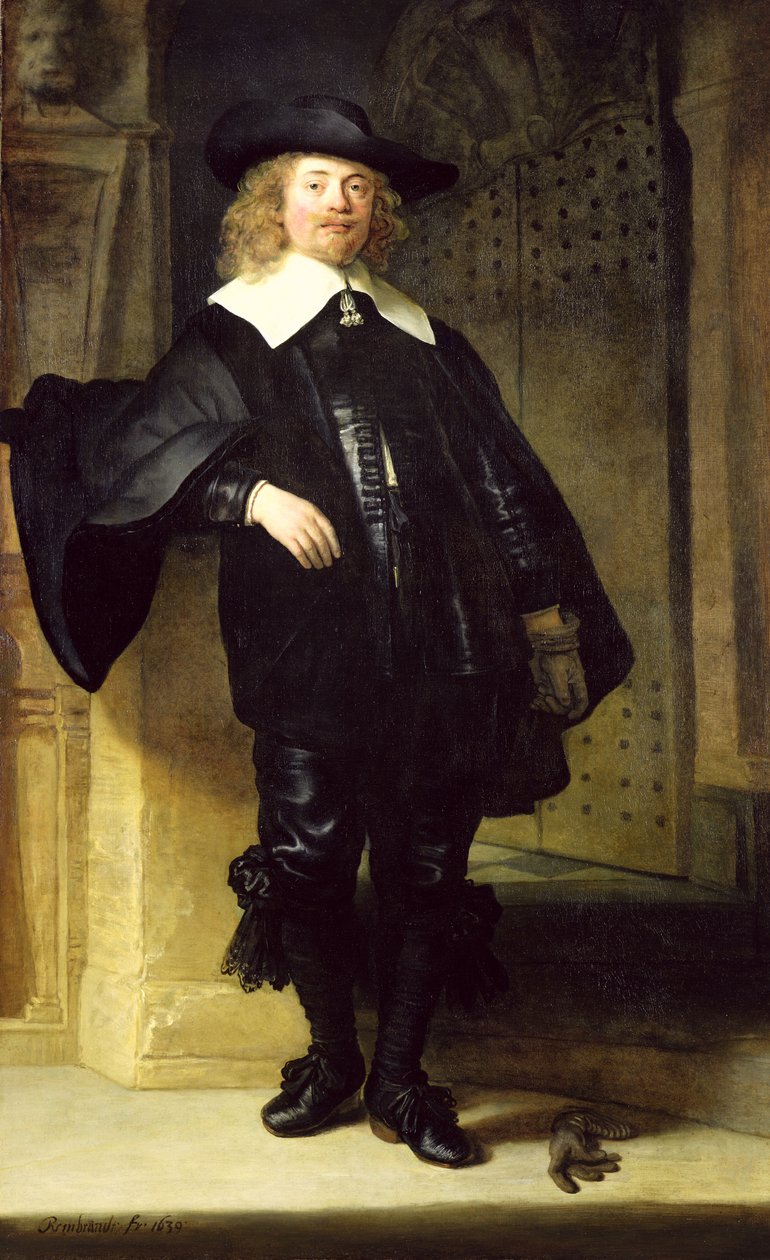 Full lengdeportrett av en stående mann av Rembrandt van Rijn
