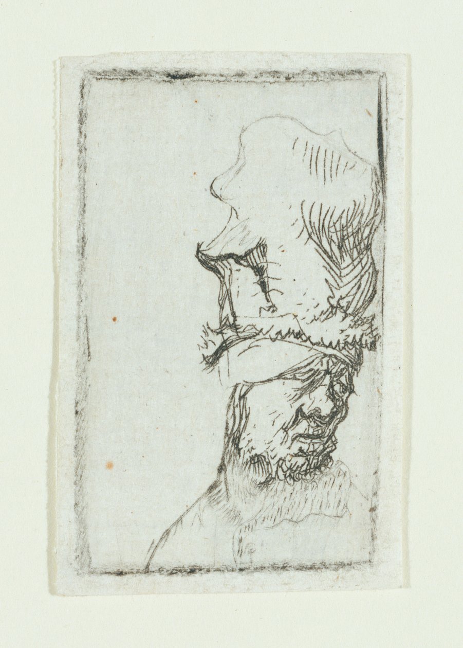 Hodet til en mann med høy hette (etsing) av Rembrandt van Rijn