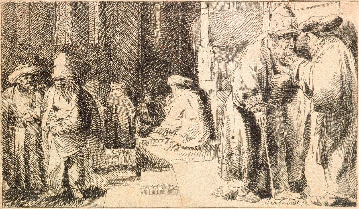 ""Juifs a la synagogue"" (Jøder i synagogen) Gravering av Rembrandt van Rhijn (1606-1669) - 1648 Dim 7,6x13 cm Jewish Museum, New York av Rembrandt van Rijn