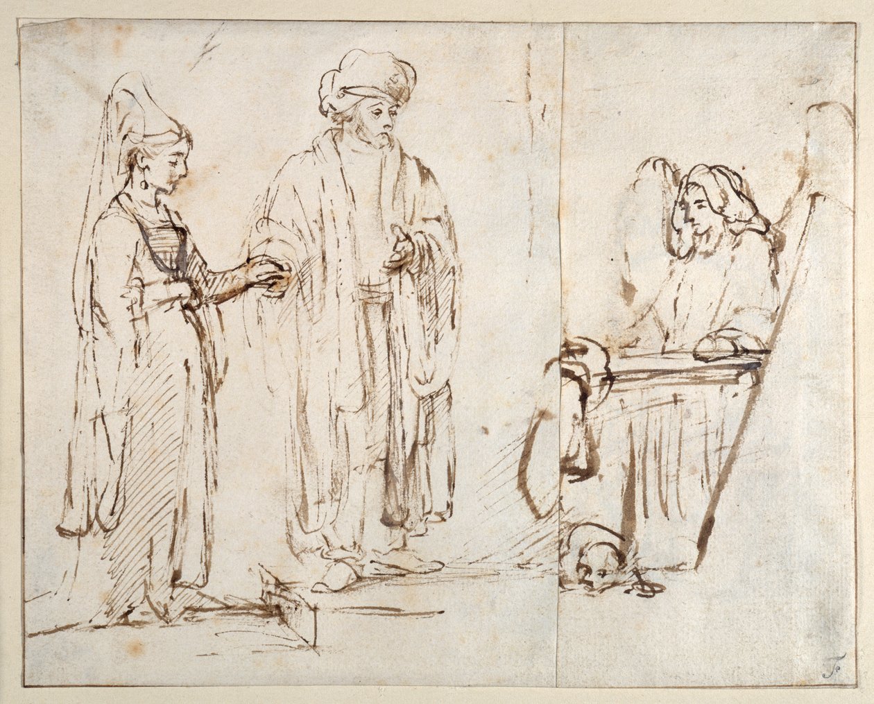 Laban bringer Lea til Jakob, med Jakob dekket av et fragment av en annen tegning; en engel med en hund liggende ved føttene hans av Rembrandt Harmensz. van Rijn