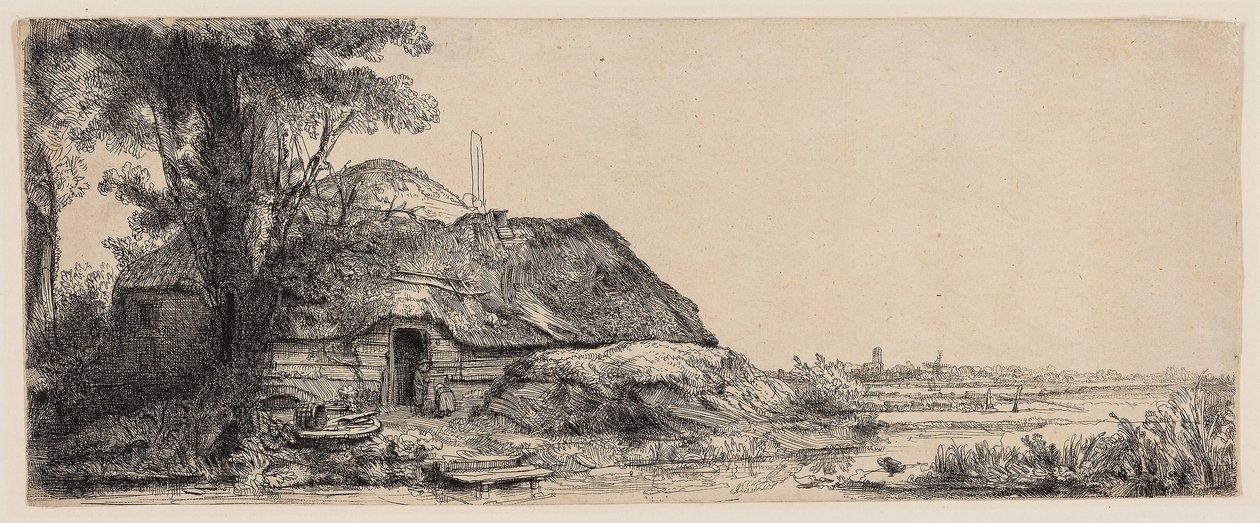 Landskap med en hytte og et stort tre av Rembrandt Harmensz. van Rijn