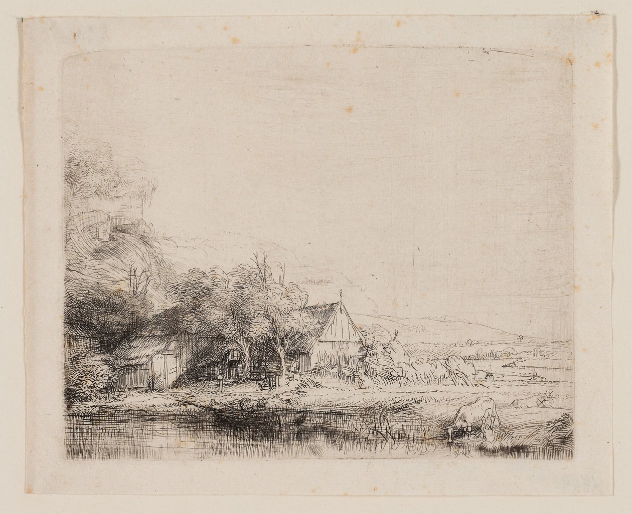 Landskap med en ku som drikker, ca. 1650 (etsing og tørrpunkt på elfenbensfarget papir) av Rembrandt Harmensz. van Rijn