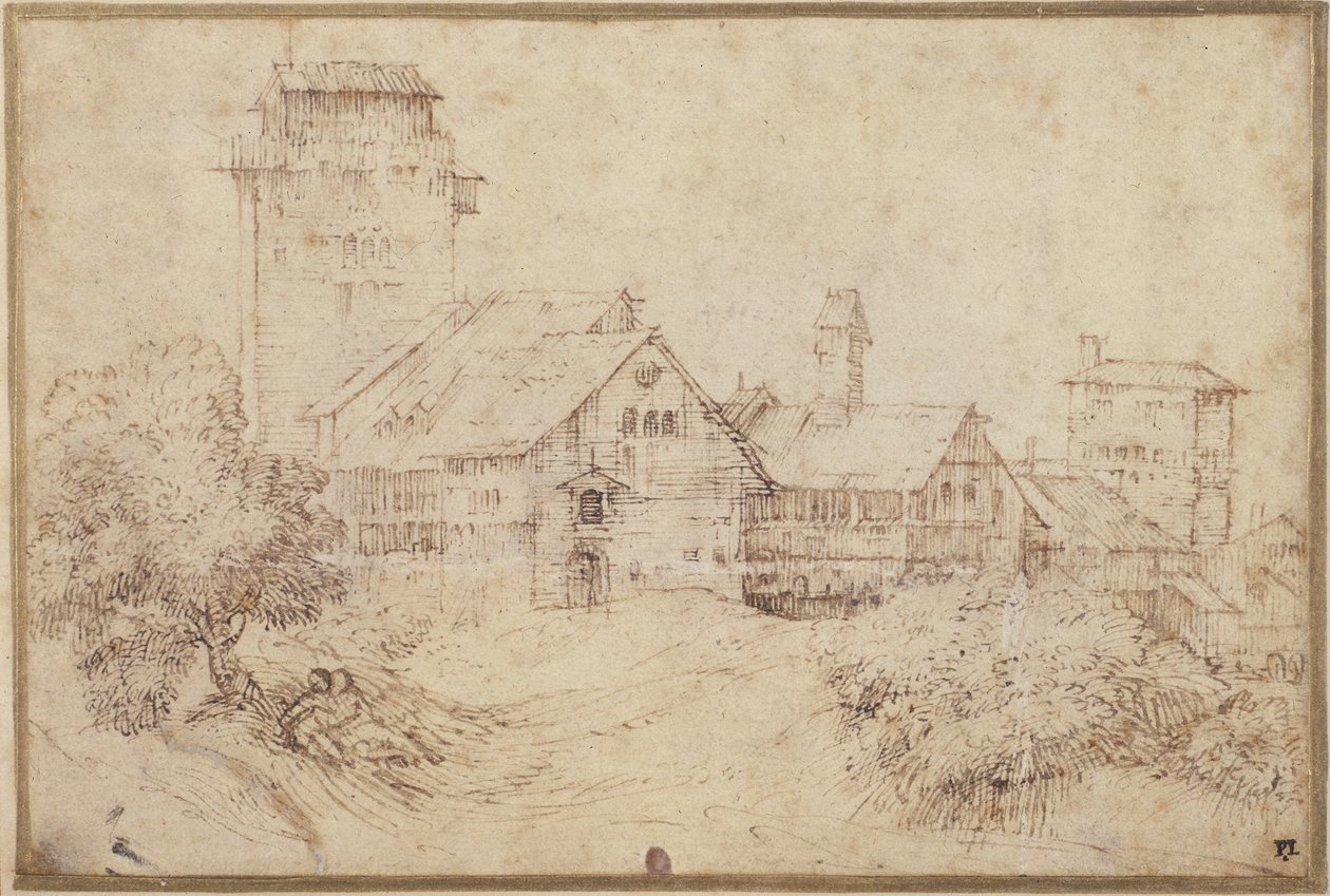 Landskap med bygninger og elskere, omfavnende, etter Titian (penn og brunt blekk med rødt kritt på papir) av Rembrandt Harmensz. van Rijn