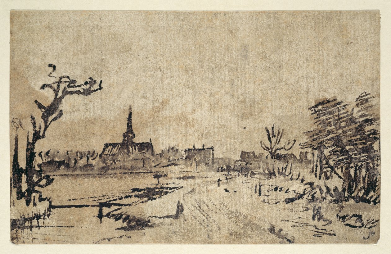 Landskap med vann, landsbyen Amstelveen i bakgrunnen, ca. 1654-55 (penn og blekk med brun vask) av Rembrandt Harmensz. van Rijn