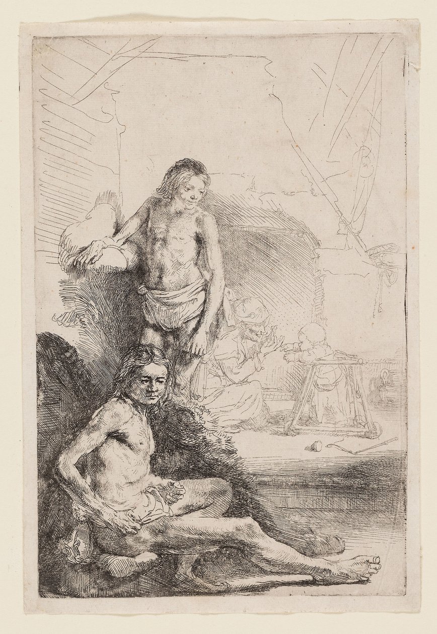 Naken mann sittende og stående, ca. 1646 (etsing på elfenbensfarget papir) av Rembrandt Harmensz. van Rijn