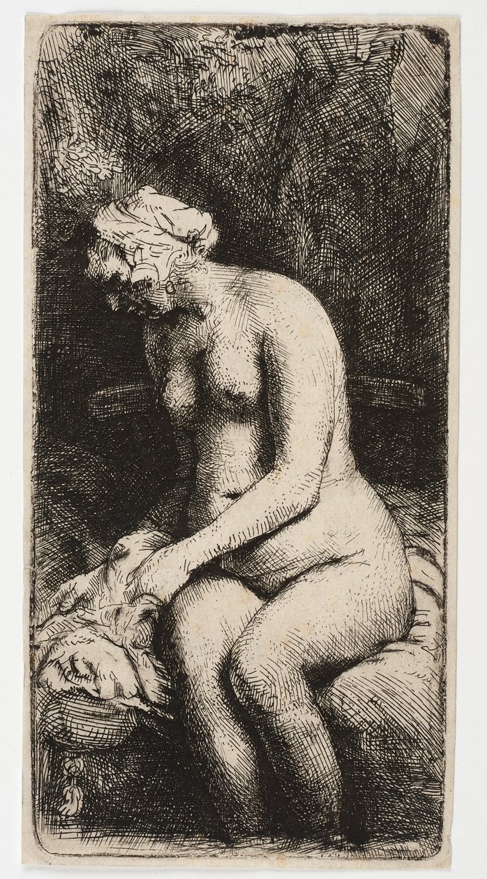 Naken kvinne sitter med føttene i vannet av Rembrandt Harmensz. van Rijn