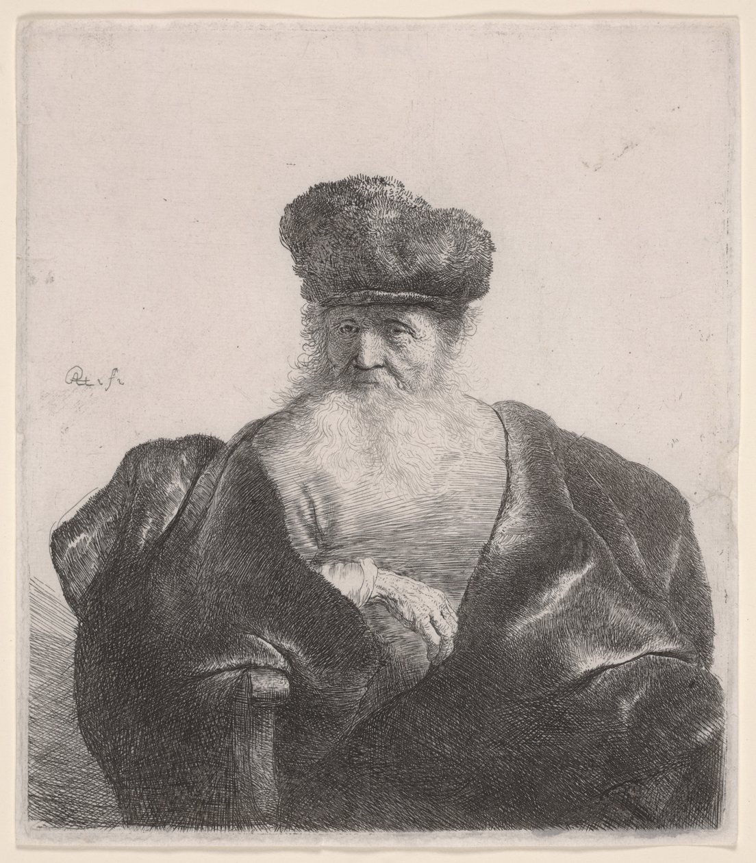 Gammel mann med flytende skjegg, pelshatt og fløyelskappe, ca. 1632 (etsing) av Rembrandt van Rijn