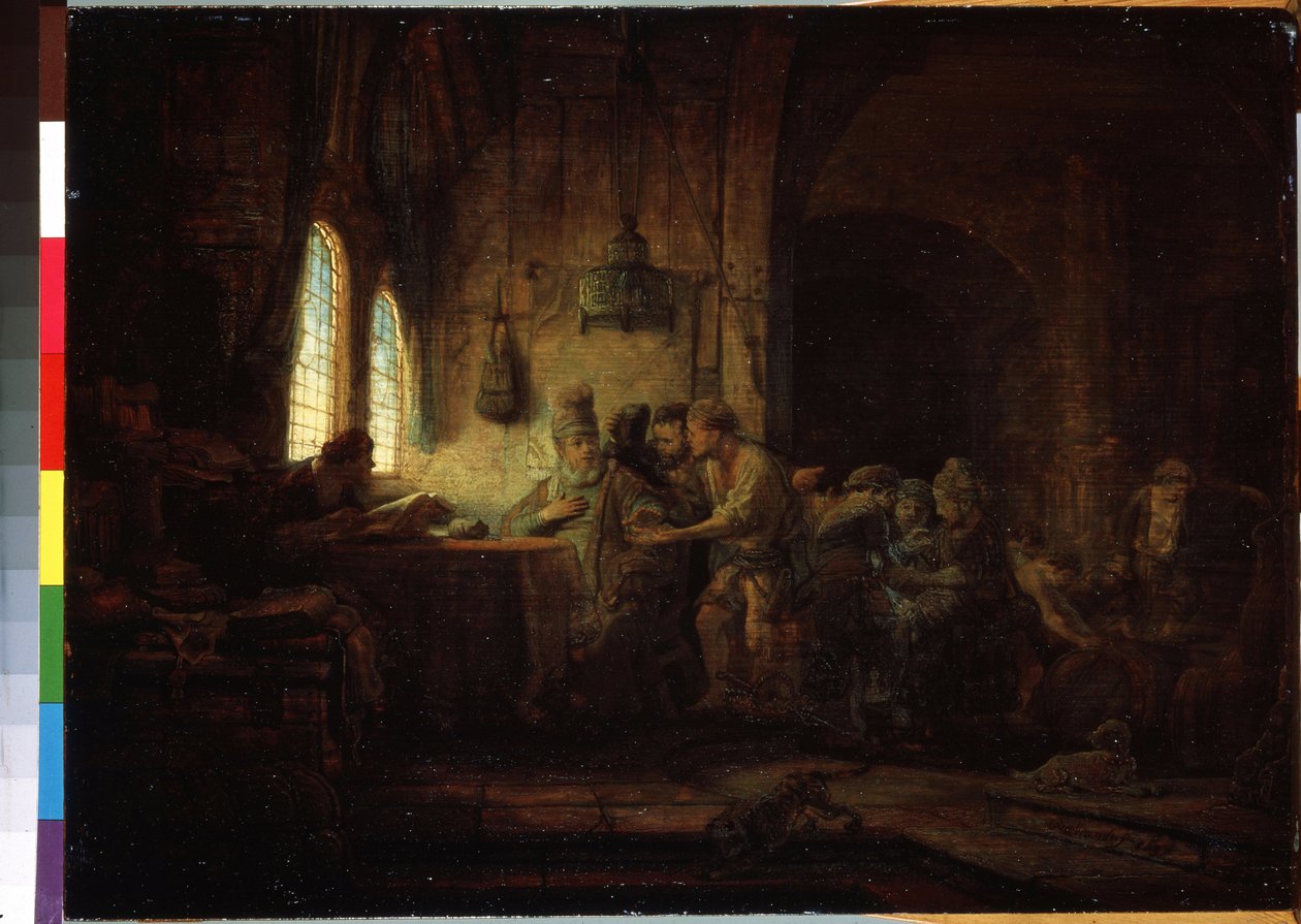Lignelse om arbeiderne i vingården eller lignelse om arbeiderne i den ellevte time (lignelsen om arbeiderne i vingården). Maleri av Harmenszoon van Rijn kjent som Rembrandt (1606-1669) av Rembrandt Harmensz. van Rijn