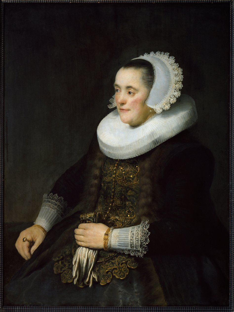 Portrett av en nederlandsk borgerlig kvinne iført ruff og hodeplagg. (Maleri av Rembrandt van Rijn