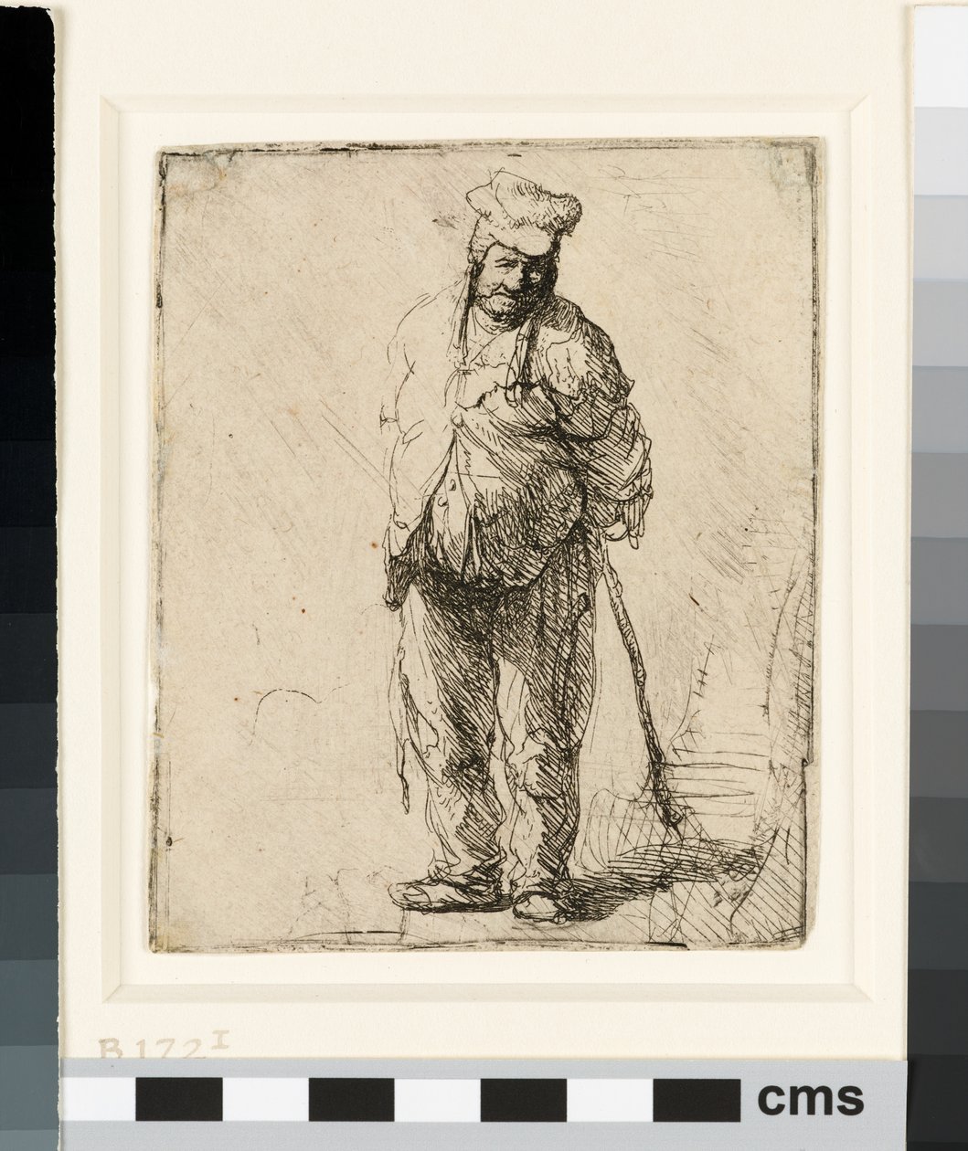 Raget bonde med hendene bak seg, holder en pinne, ca. 1630 (etsing) av Rembrandt van Rijn