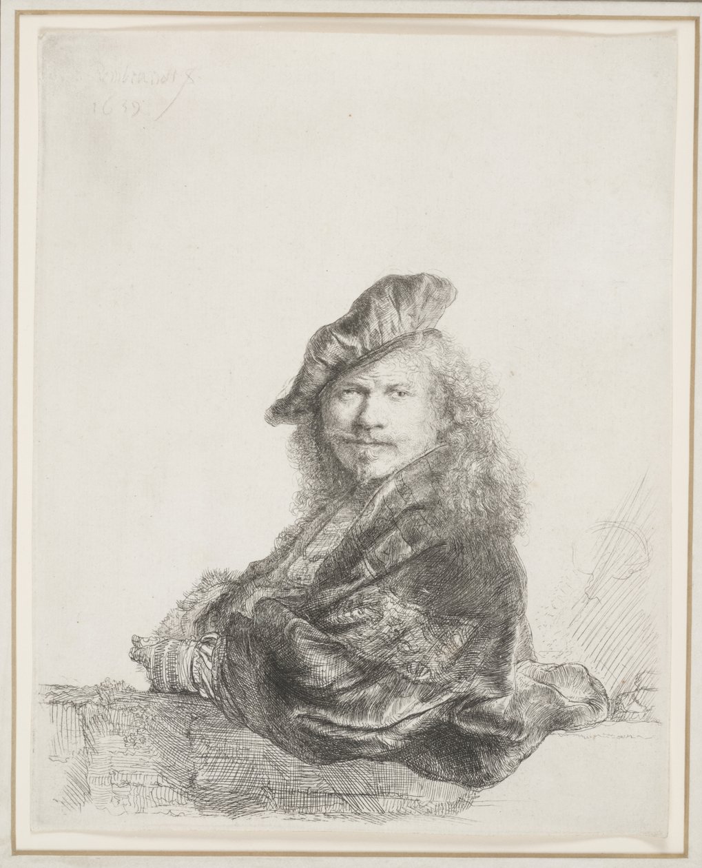Rembrandt lener seg på en steinterskel: halv lengde av Rembrandt van Rijn