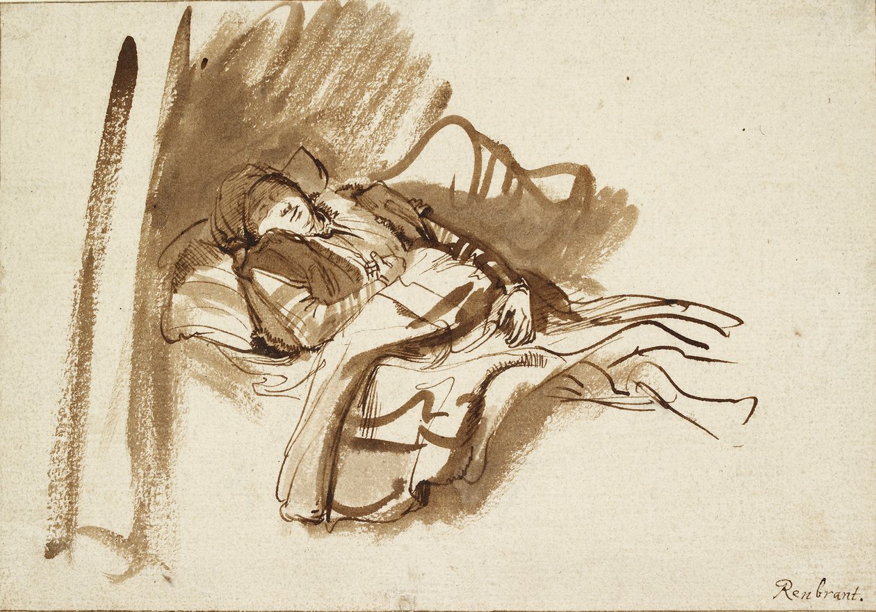 Saskia sover i sengen, ca 1630-tallet av Rembrandt Harmensz van Rijn