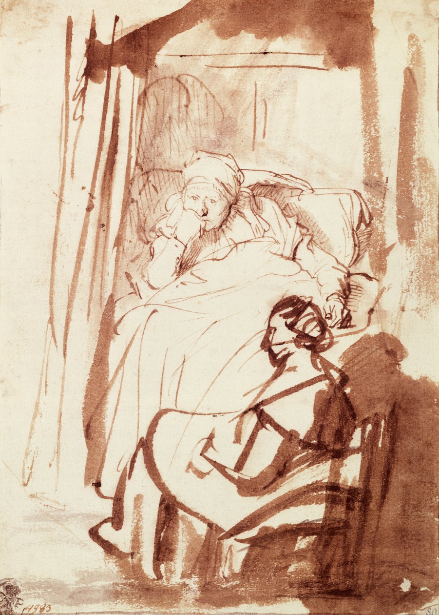 Saskia ligger i sengen, en kvinne sitter ved føttene hennes av Rembrandt Harmensz. van Rijn