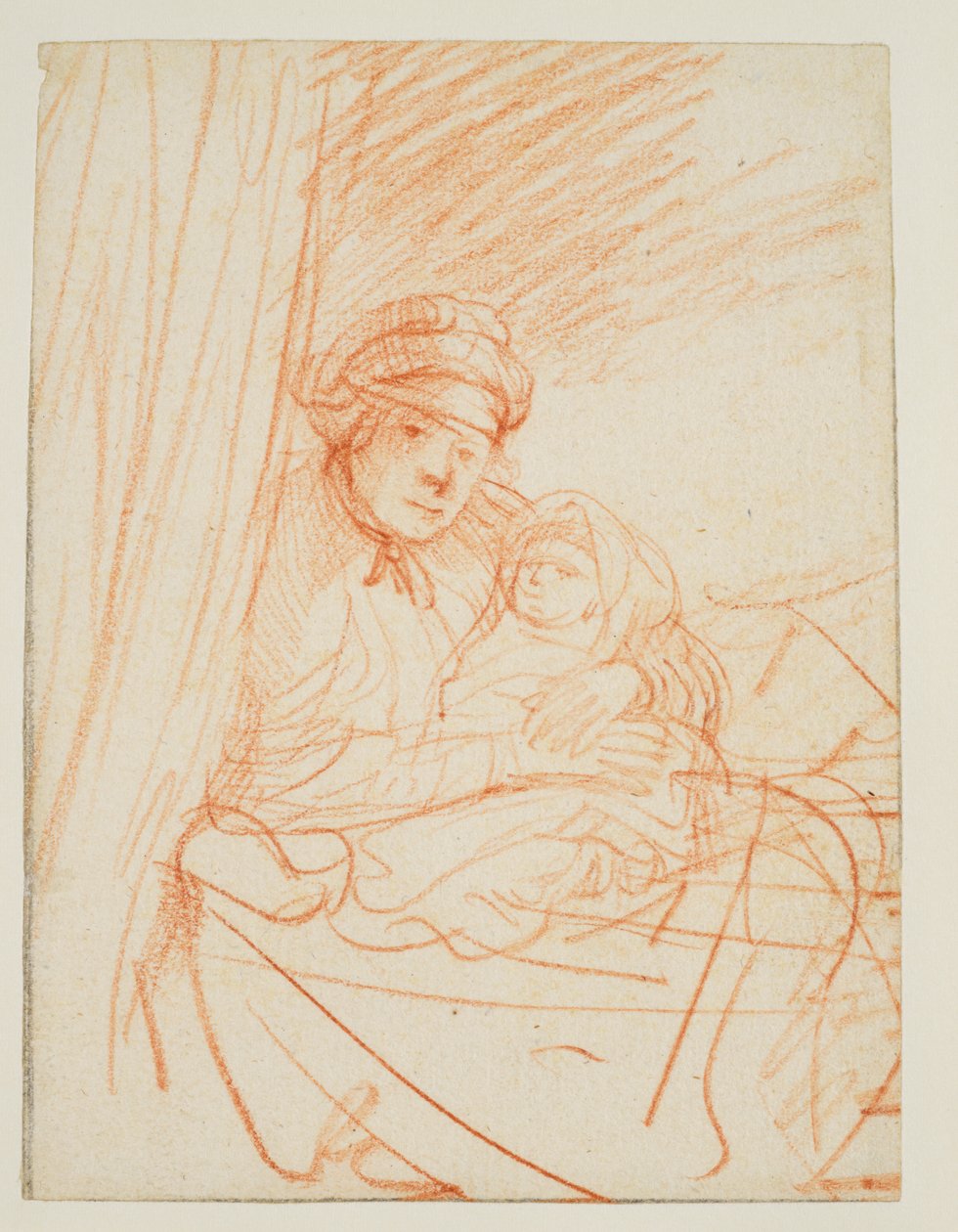Saskia sitter oppe i sengen og holder et barn, 1635 ca av Rembrandt van Rijn